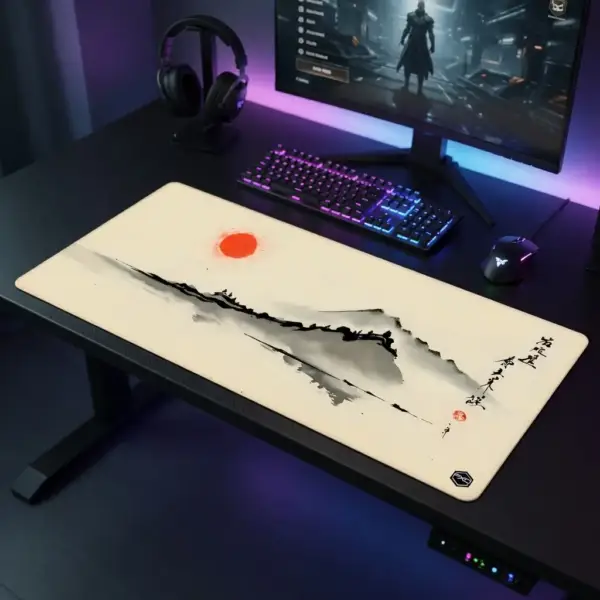 Tapis de souris grand format beige avec paysage japonais à l’encre noire et soleil rouge sur un bureau gaming.