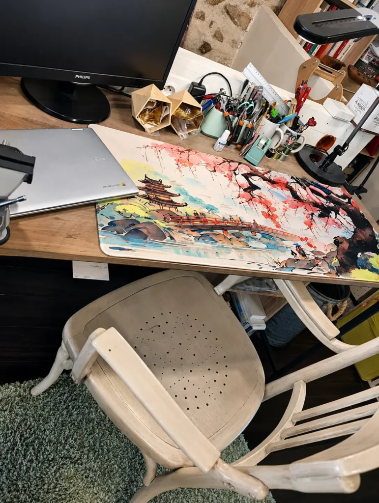 Desk setup gaming minimaliste avec tapis personnalisé