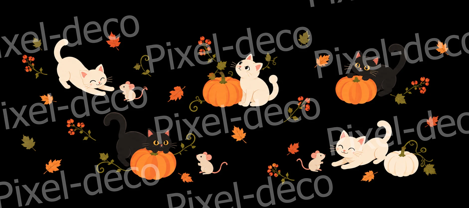 Tapis de souris XXL noir avec chats blancs et noirs, petites souris, citrouilles orange et feuilles d'automne