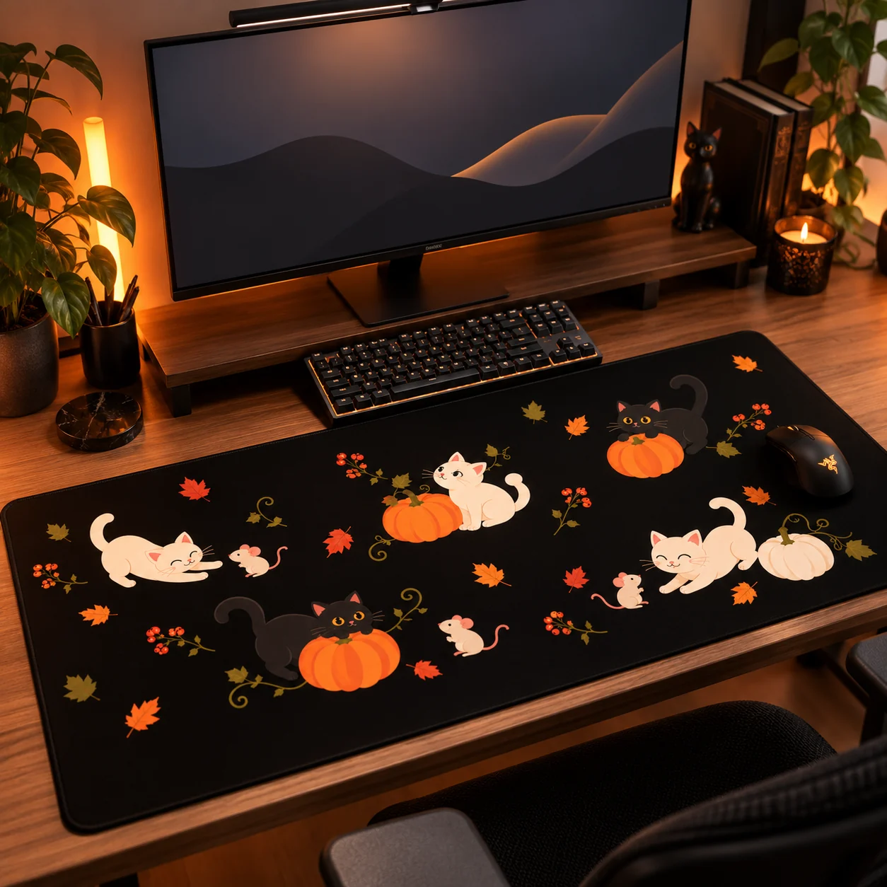 Tapis de souris XXL chat et citrouille La Parade des Chats d'Automne sur un bureau en bois avec clavier et souris