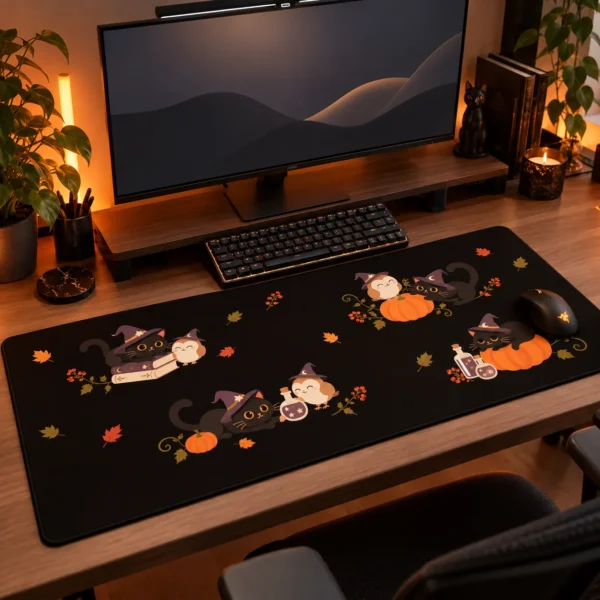 Tapis de souris XXL chat noir Halloween Le Grimoire des Petits Sorciers sur un bureau en bois cosy