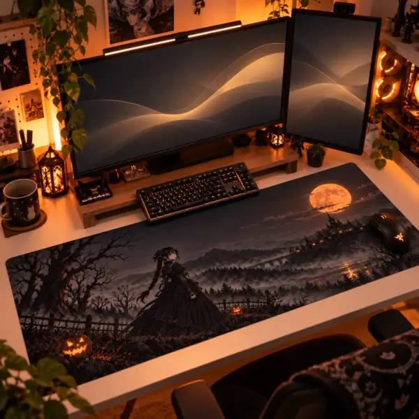 Tapis de souris XXL gothique La Dame de la Lune Rousse sur un bureau à l'ambiance chaude, avec clavier et souris