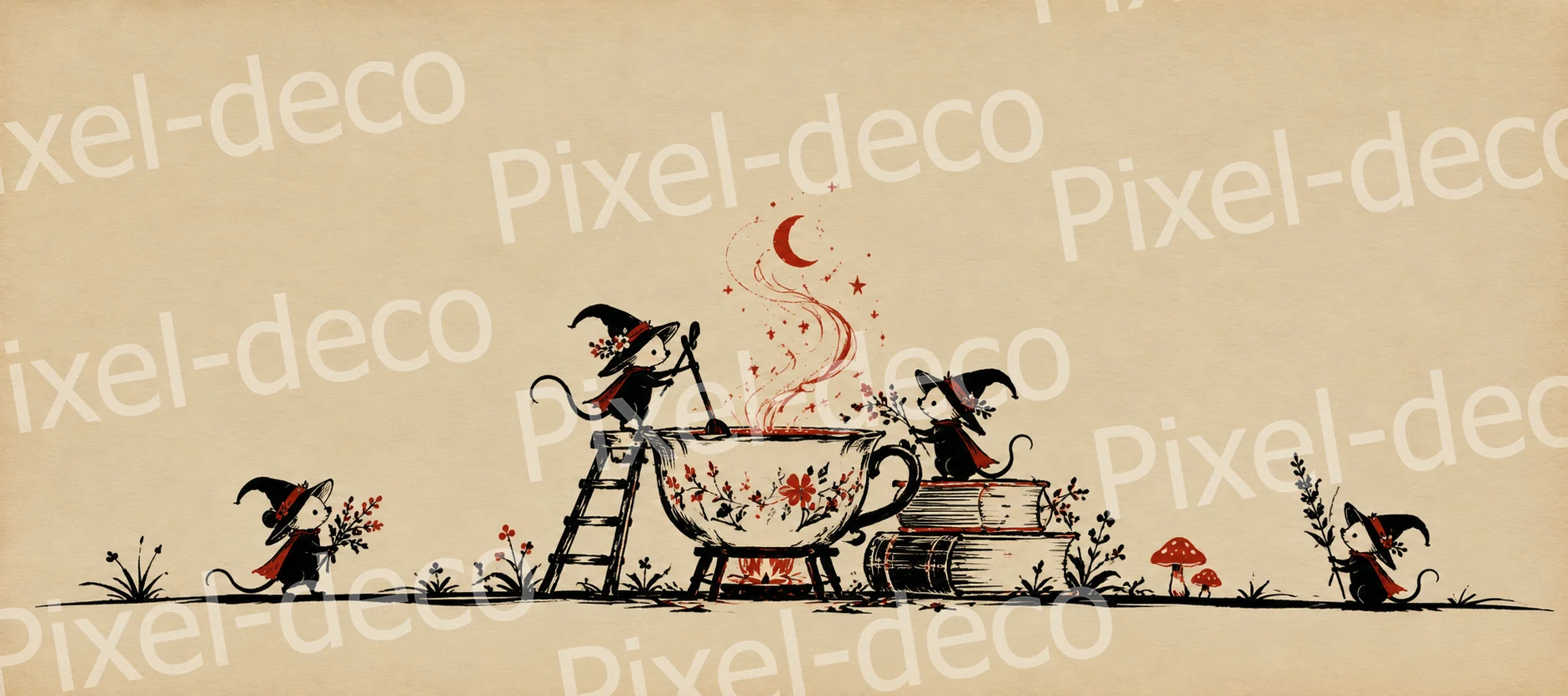 Tapis de souris XXL Halloween beige avec petites souris sorcières préparant une potion dans une tasse