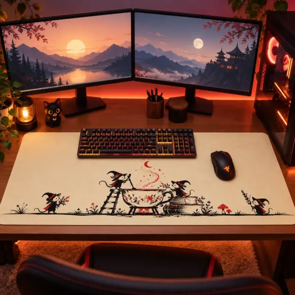 Tapis de souris XXL Halloween Le Chaudron des Sorcières sur un bureau gaming, sous le clavier et la souris