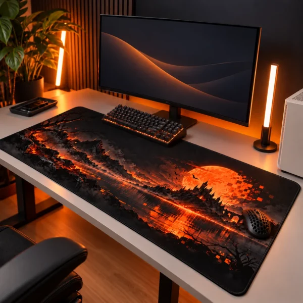 Tapis de souris gaming XXL Le Royaume de la Lune Sanglante posé sur un bureau blanc avec clavier rétroéclairé