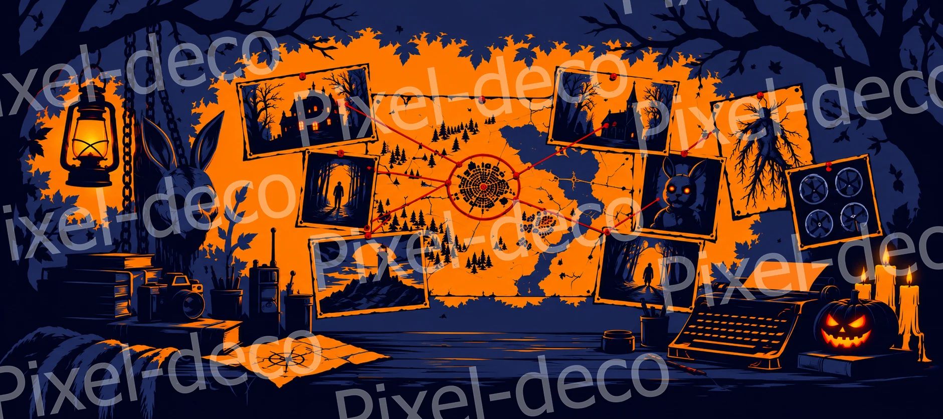 Tapis de souris XXL horreur avec tableau d'enquête paranormal orange et bleu nuit, photographies et citrouille