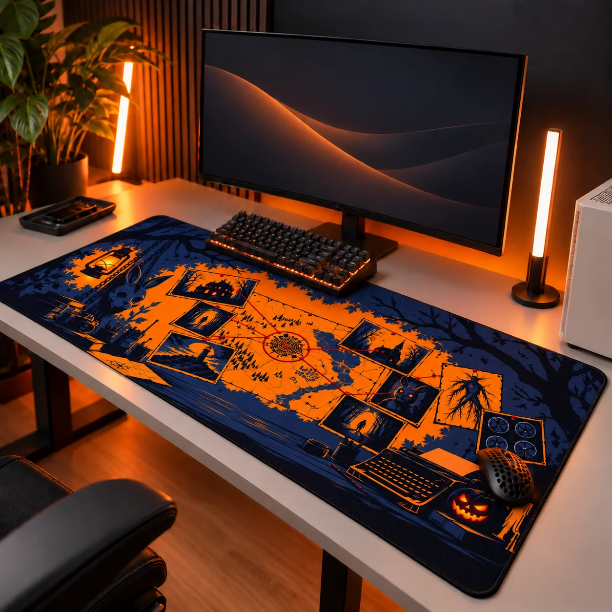 Tapis de souris XXL horreur Les Archives Maudites sur un bureau gaming éclairé en orange