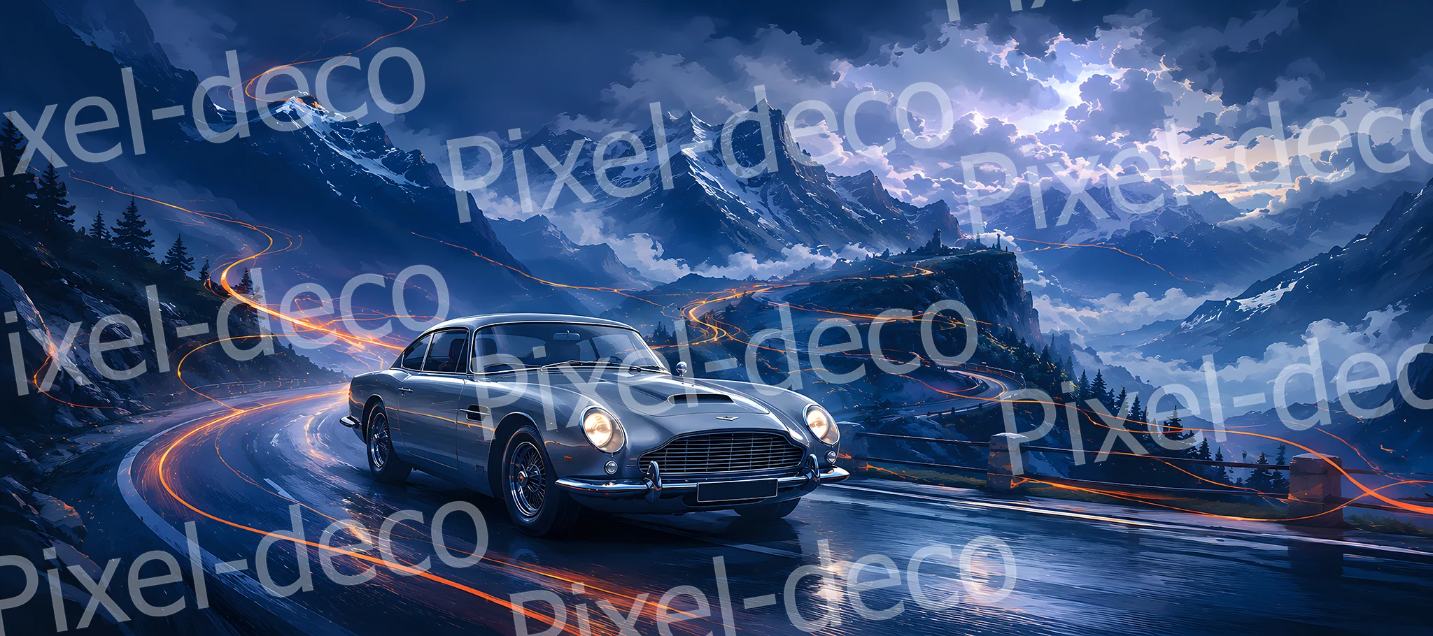 Alpine Grand Tour Tapis de souris XXL avec coupé classique argenté sur une route de montagne devant des sommets enneigés