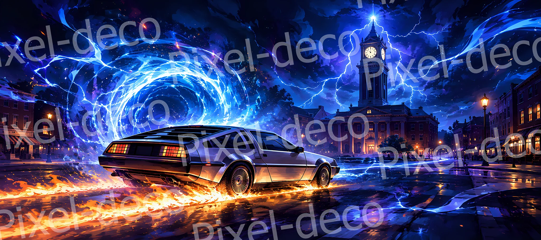Chrono Storm Tapis de souris XXL avec coupé rétrofuturiste devant un vortex électrique bleu et un ciel rempli d'éclairs