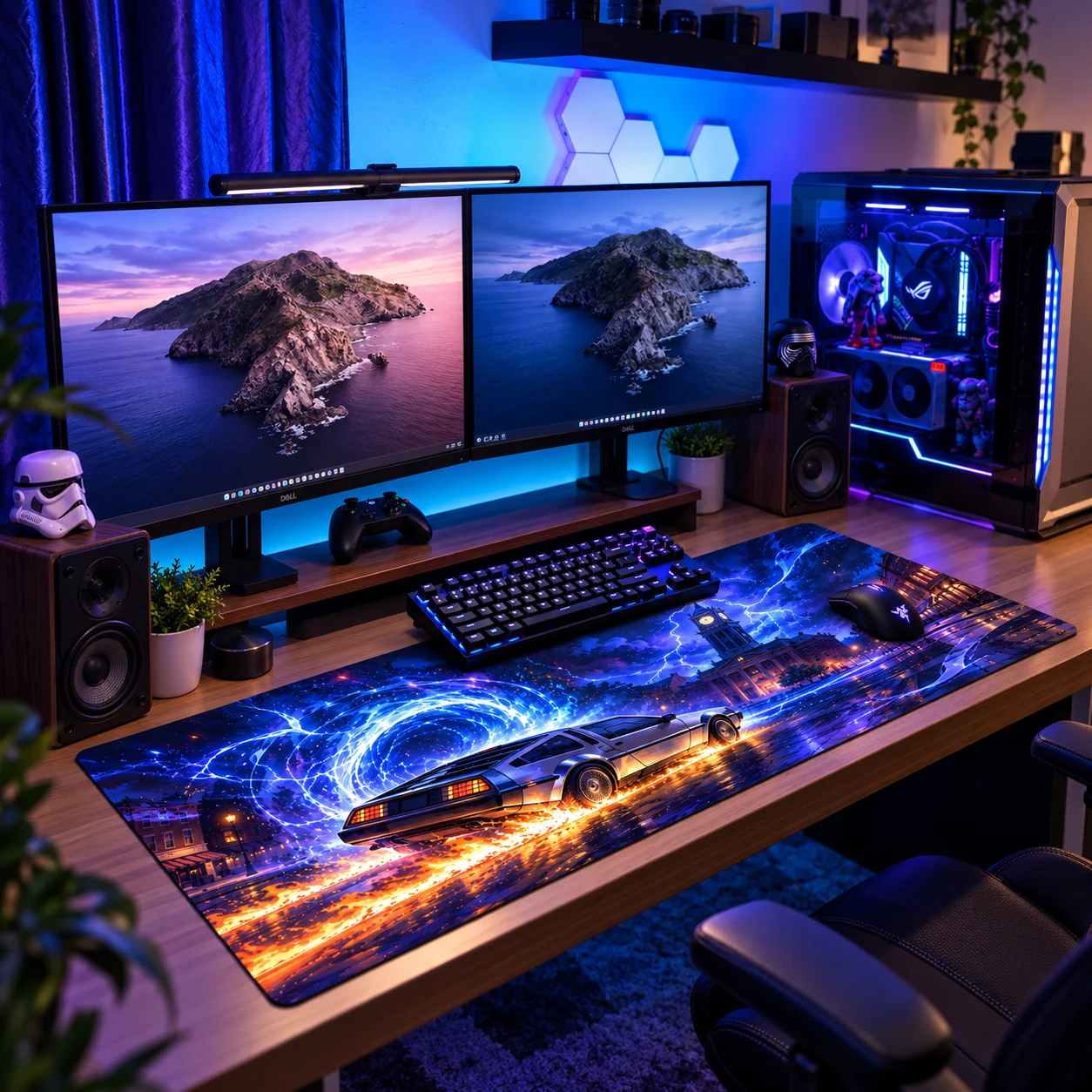 Tapis de souris XXL voiture Chrono Storm sur un bureau gaming, sous le clavier et la souris
