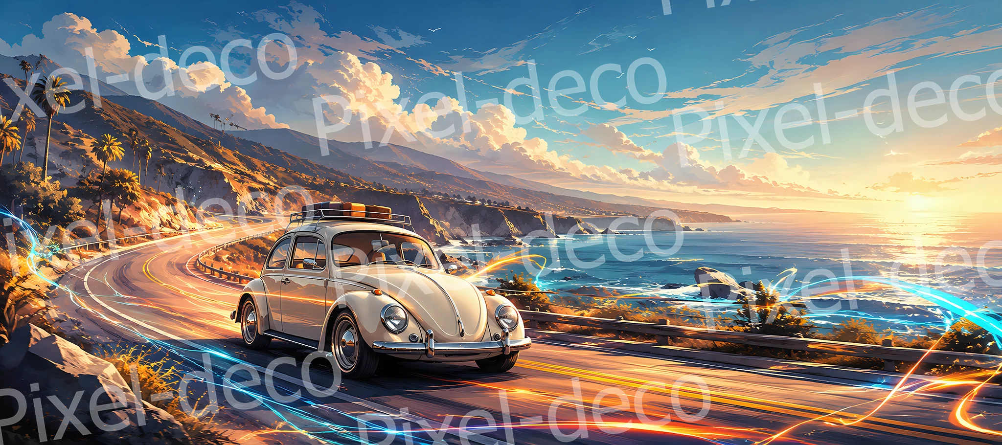 Coastal Escape Tapis de souris XXL avec voiture vintage beige sur une route côtière face à l'océan au coucher du soleil