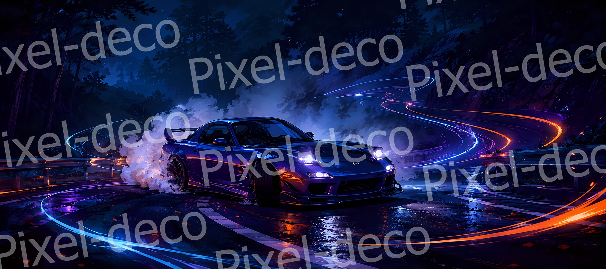 Tapis de souris XXL avec voiture sportive bleue en drift sur une route de montagne nocturne avec fumée et néons