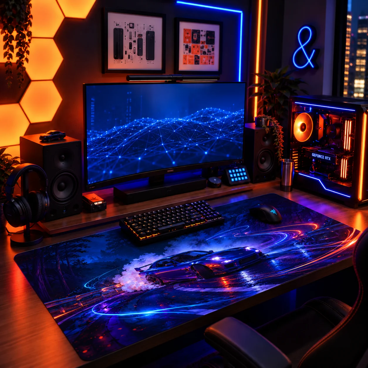 Tapis de souris XXL voiture Drift Nocturne sur un bureau gaming, sous le clavier et la souris