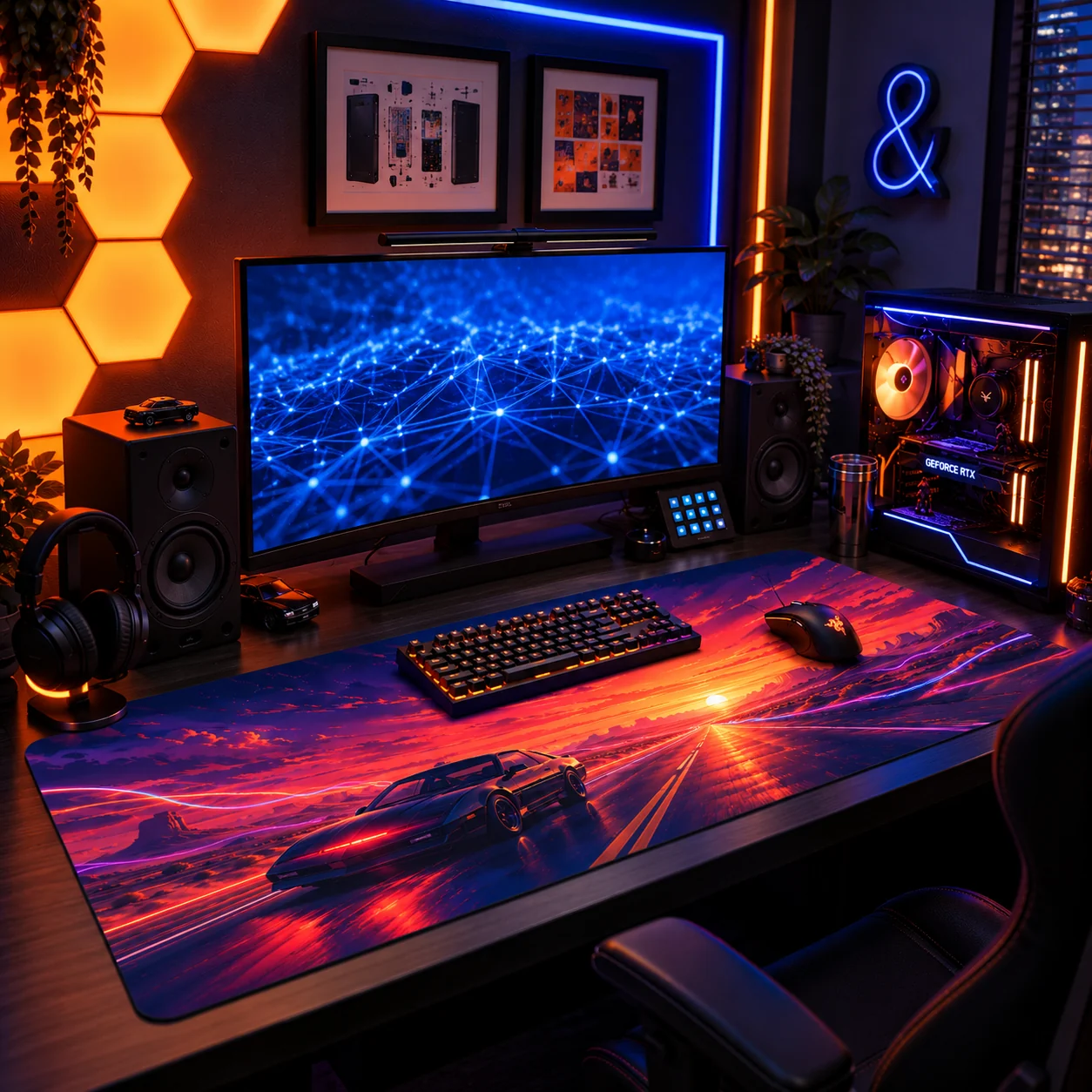 Tapis de souris XXL voiture Horizon Rouge sur un bureau gaming, sous le clavier et la souris