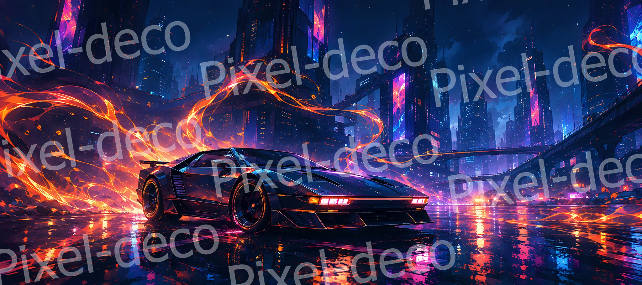 Inferno Neon Tapis de souris XXL avec voiture sportive noire dans une ville cyberpunk aux néons bleus et flammes orange