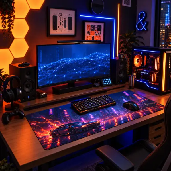 Tapis de souris XXL voiture Inferno Neon sur un bureau gaming, sous le clavier et la souris