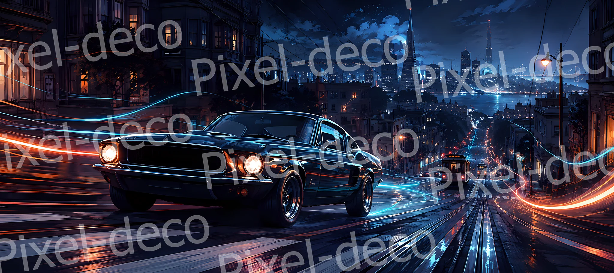 Pacific Midnight Tapis de souris XXL avec muscle car noire dans une rue en pente de nuit face à une skyline illuminée