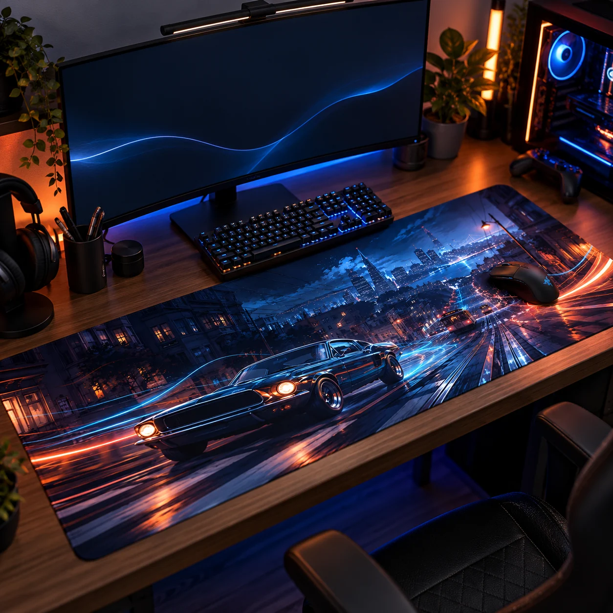 Tapis de souris XXL voiture Pacific Midnight sur un bureau gaming, sous le clavier et la souris