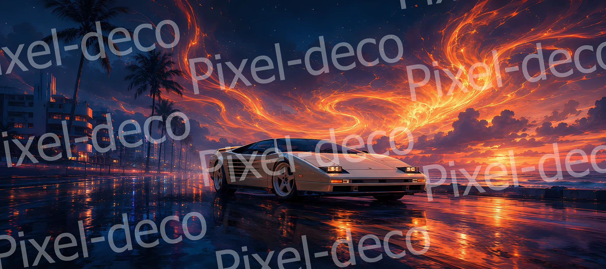 Phoenix Coast Tapis de souris XXL avec supercar argentée sur une route côtière de nuit sous un tourbillon lumineux orange
