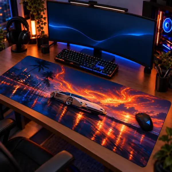 Tapis de souris XXL voiture Phoenix Coast sur un bureau gaming, sous le clavier et la souris