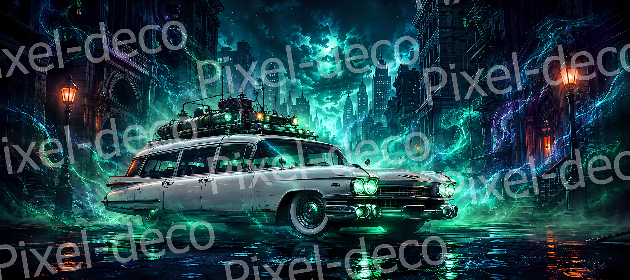 Spectral Pursuit Tapis de souris XXL avec break rétro blanc équipé dans une ville nocturne entourée d'énergie turquoise et violette