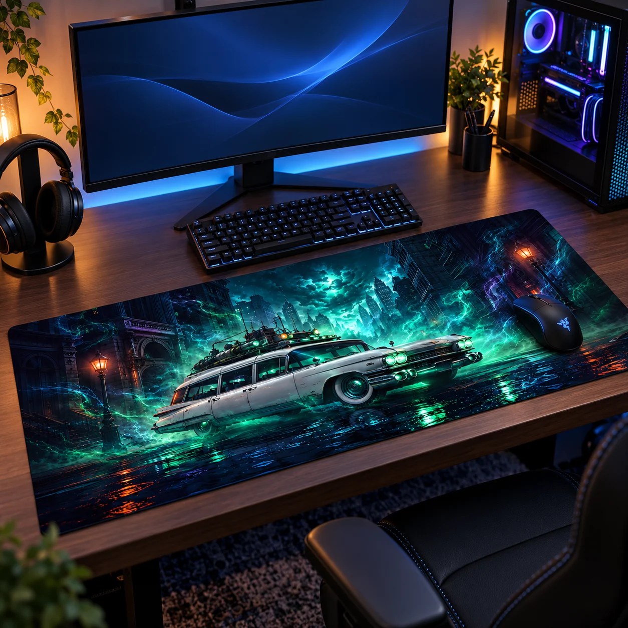 Tapis de souris XXL voiture Spectral Pursuit sur un bureau gaming, sous le clavier et la souris