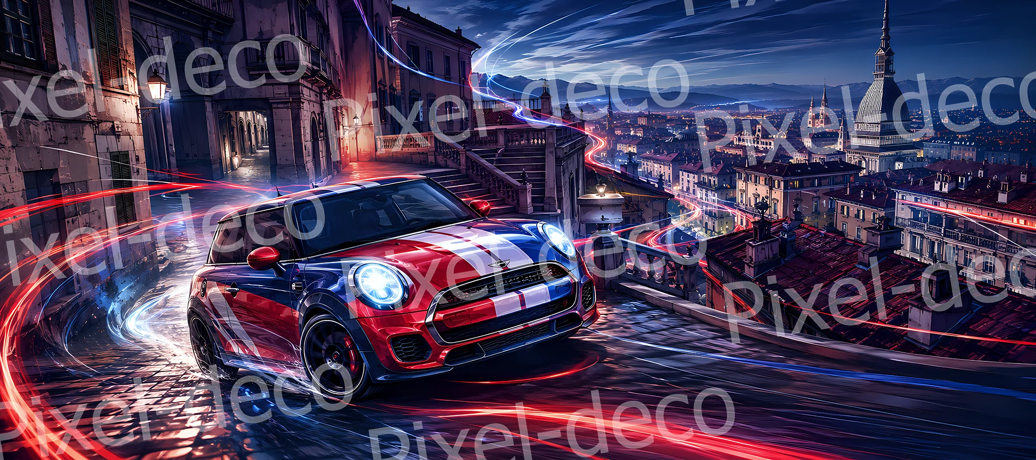 Urban Rally Tapis de souris XXL avec petite voiture sportive rouge blanche et bleue sur une route urbaine pavée de nuit