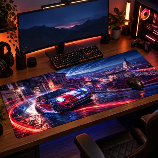 Tapis de souris XXL voiture Urban Rally sur un bureau gaming, sous le clavier et la souris