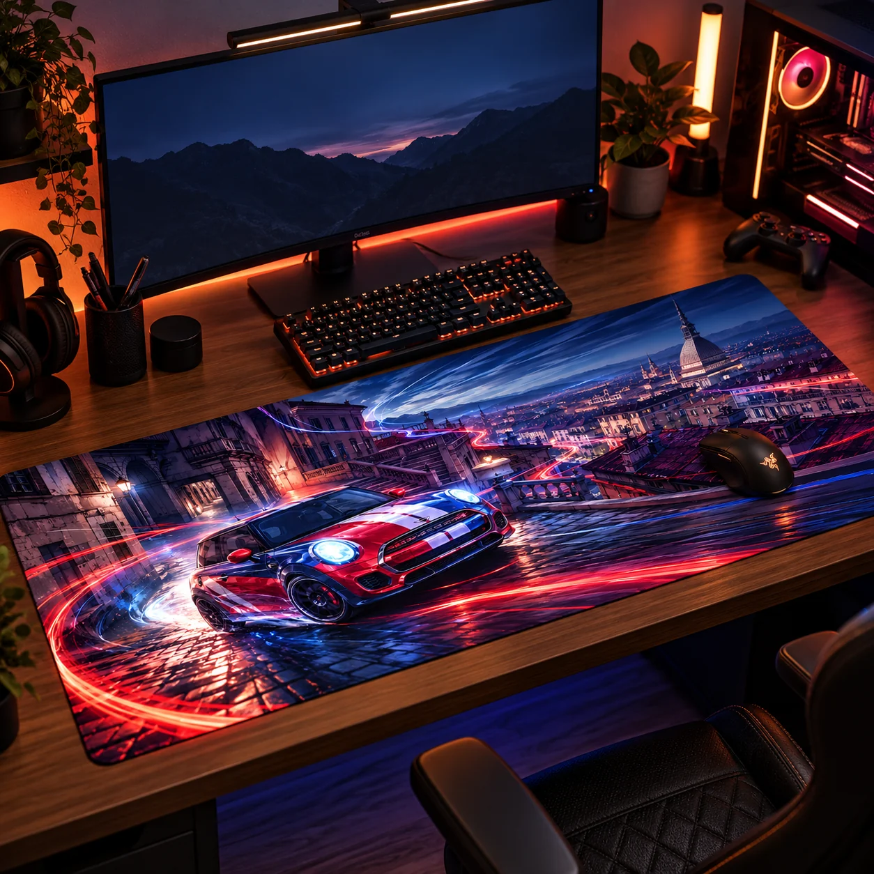 Tapis de souris XXL voiture Urban Rally sur un bureau gaming, sous le clavier et la souris