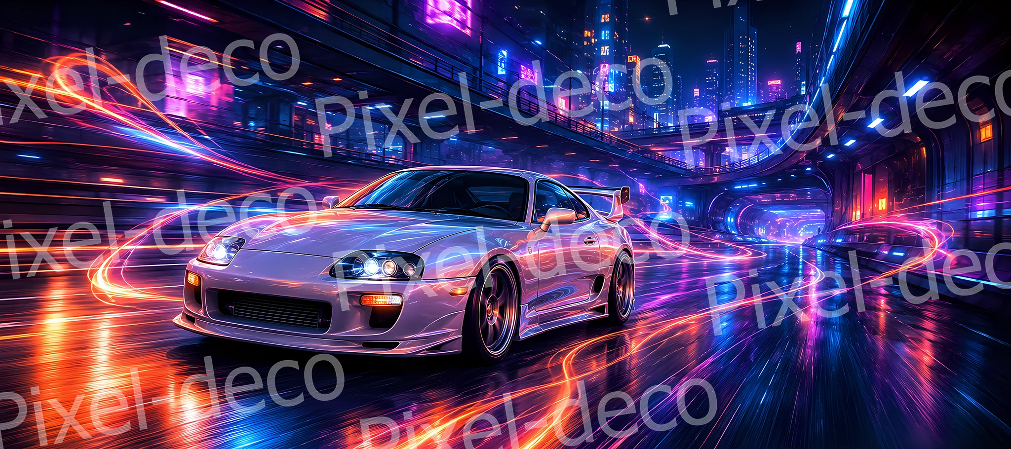 Velocity Neon Tapis de souris XXL avec voiture sportive blanche dans une ville futuriste aux néons roses, bleus et orange