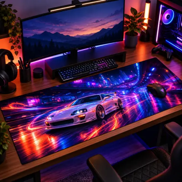 Tapis de souris XXL voiture Velocity Neon sur un bureau gaming, sous le clavier et la souris