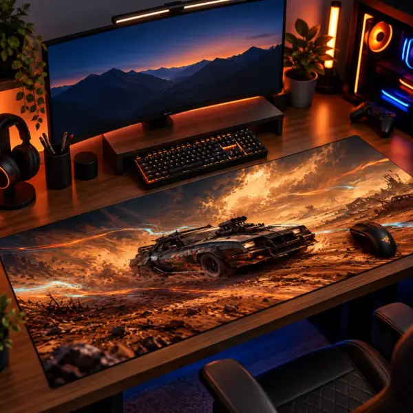 Tapis de souris XXL voiture Wasteland Fury sur un bureau gaming, sous le clavier et la souris